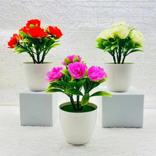 Fleurs décoratives Fleur en pot artificielle Bonsaï de pivoine élégante pour décoration de bureau à domicile Arrangement floral extérieur intérieur