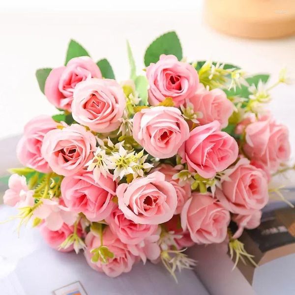 Fleurs décoratives artificielles princesse Roses Bundle mariage soie fausse plante verte décoration de la maison Simulation fleur Champagne Rose florale