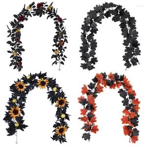 Flores decorativas artificiales de ratán, vid negra, decoración colgante de pared para Halloween, guirnalda de girasoles rosas, decoración de hojas y plantas