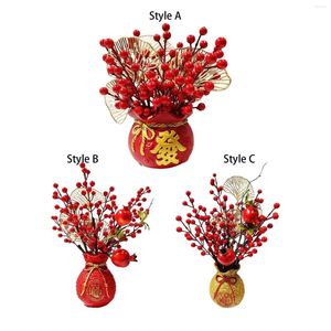 Fleurs décoratives bouquet de baies rouges artificielles avec vase table maîtresse feuille de ginkgo pour vacances pendaison de crémaillère année décor de fête