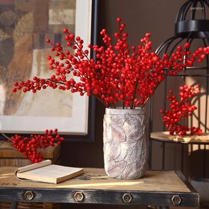 Flores decorativas Rojo artificial con tallo 6 ramas Bayas de acebo Simulación Flor falsa Fruta para Navidad Festival de primavera Arreglo Florero