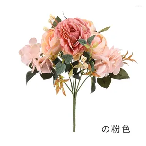 Flores decorativas artificiales seda retro rosa rosa hortensia peony novios vintage sosteniendo plantas falsas decoración de boda