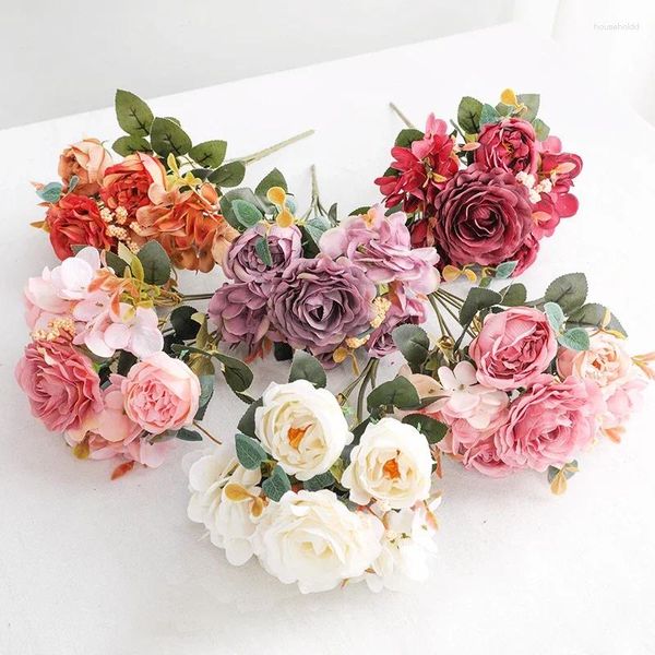 Fleurs décoratives Bouquet de rose rétro artificiel Hortensia Peony Vintage Bride tenant les fausses plantes accessoires de décoration de mariage à la maison