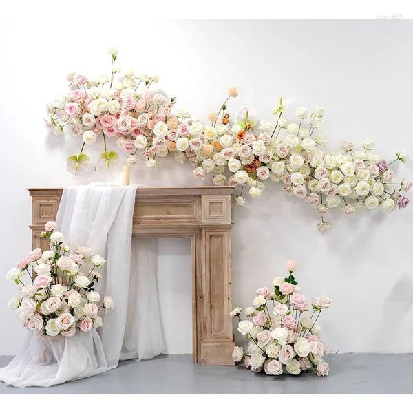 Fleurs décoratives Rose artificielle 230 80cm décoration de mariage pièce maîtresse de Table rangée Rose blanc coureur fleur toile de fond