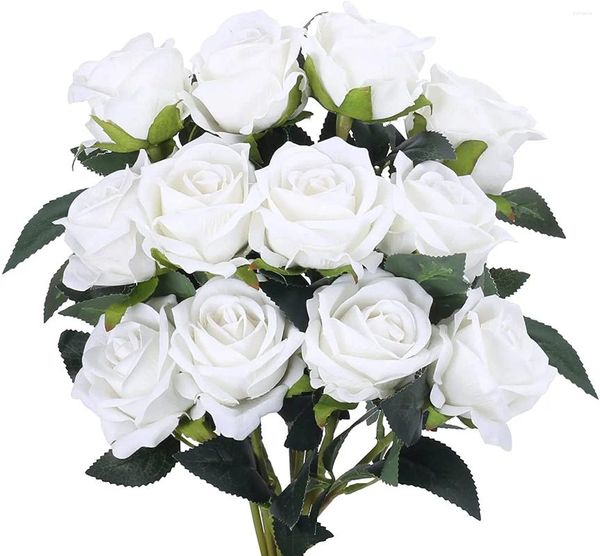 Fleurs décoratives Bouquet de rose artificiel 12pcs Roses de soie avec tiges blanches fleur réaliste pour mariage nuptial