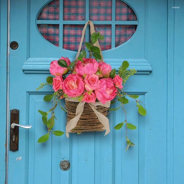 Flores decorativas Ramo de rosas artificiales Flor de primavera y verano con hojas verdes Cesta Guirnalda Puerta delantera Colgante de pared Fiesta en casa