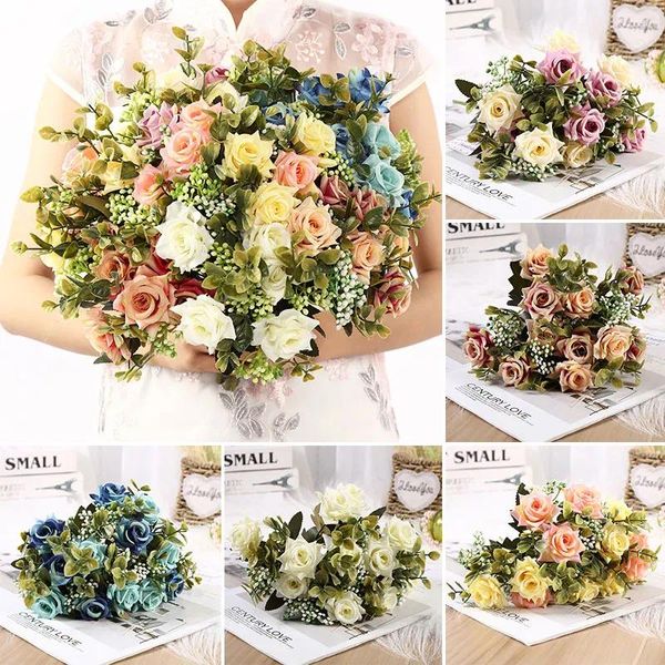 Fleurs décoratives Bouquet de rose artificiel simulation italienne de fleur de soie curling italien fausses plantes mariage Bridal tenant les roses à la maison décor