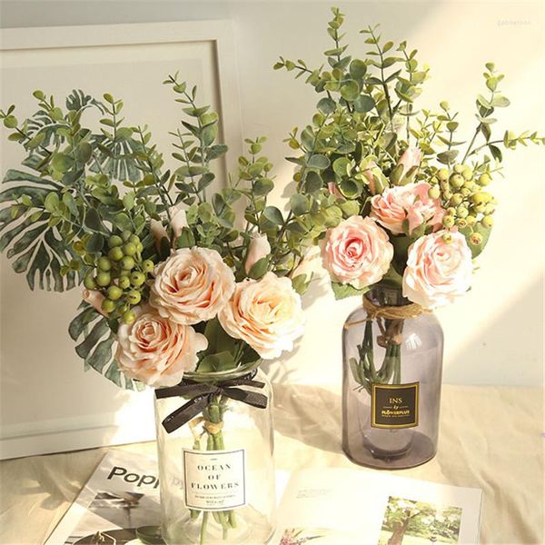Fleurs décoratives Artificielle Rose Mariée Tenant Bouquet Décoration De Mariage Gypsophile Arrangement De Fleurs Faux Plantes Jardin Décor À La Maison