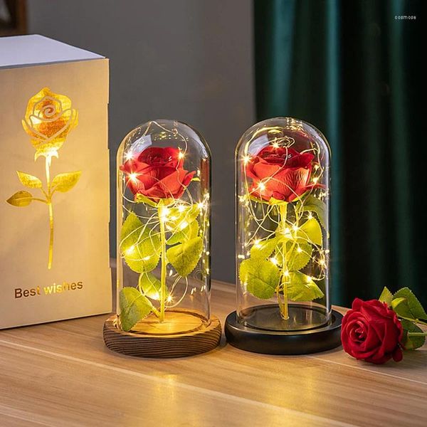 Fleurs décoratives rose artificielle éternelle LED Fleur de papier d'aluminium en verre Simulation de cadeaux de la fête des mères Fourniture