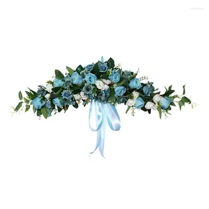 Fleurs décoratives Rose artificielle Swag avec feuilles bleues et vertes pour arc de mariage décoration murale de porte d'entrée