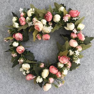 Flores decorativas, flor de rosa artificial, corona en forma de corazón para decoración de Sala de bodas, puerta de tela de seda, vacaciones