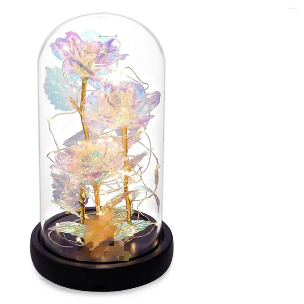 Fleurs décoratives Fleur de rose artificielle en verre dôme 24k Galaxie Lights LED colorés Cadeaux pour femmes mon Noël de la Saint-Valentin