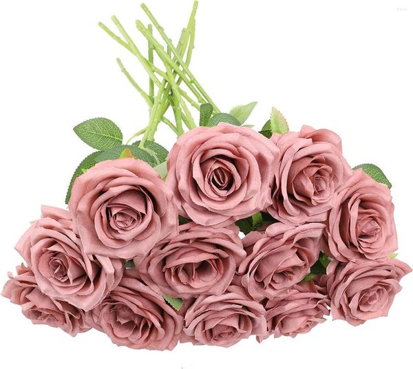 Flores decorativas Flor de rosa artificial 12 piezas Seda falsa polvorienta Aspecto real con tallos para ramos de boda DIY