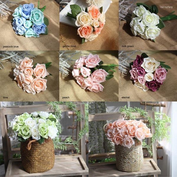 Fleurs décoratives artificielle Rose fleur mariée Bouquet mariage assez charmant 9 têtes bricolage soie Roses Mini décor à la maison