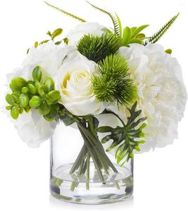 Roses artificielles décoratives dans un Vase, mélange de fausses pivoines blanches et en soie avec fausse eau pour centres de Table à manger