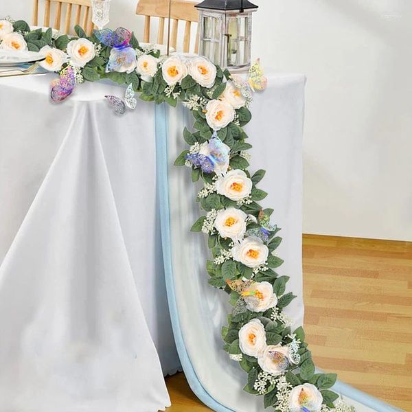 Fleurs décoratives Garlandais de vigne rose artificielle avec couronne de bricolage de papillon 3D pour table maître de table de baby shower de baby shower mariage