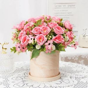 Fleurs décoratives roses artificielles Bouquet de soie Camellia hydrangea floral faux vert végétal de vacances de fête de fête de simulation de simulation