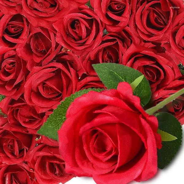 Fleurs décoratives Bouquet de Roses artificielles velours rouge soie fausse fleur de Rose pour fête de mariage décoration de Table à la maison cadeaux de saint valentin
