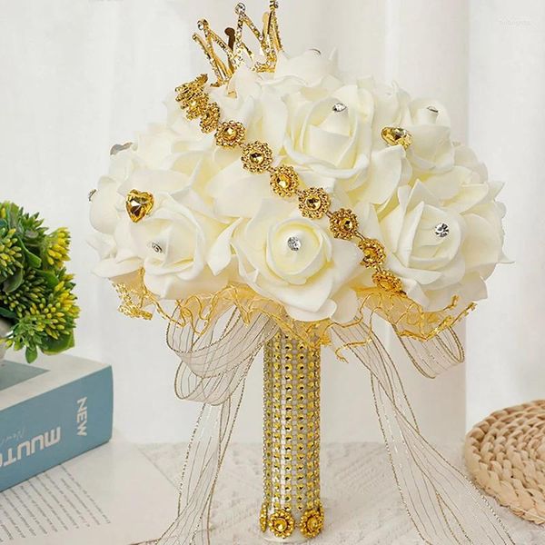 Fleurs décoratives Roses artificielles Bouquets de demoiselle d'honneur avec couronne et diamants pour décorations de mariage Bouquet de mariée