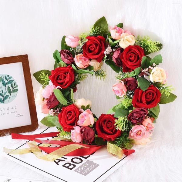Fleurs décoratives roses artificielles guirlande pendentif couronne de la Saint-Valentin multicolore suspendu 55 x 33 cm ruban fournitures de fête de Noël