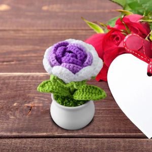 Fleurs décoratives Roses artificielles tissées à la main Pot de simulation tricot Rose fleur bonsaï Mini Style mignon bricolage Crochet tricoté en pot pour