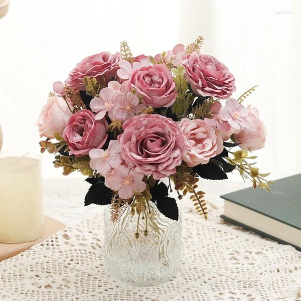 Fleurs décoratives roses artificielles Vintage Silk Peony Bouquet d'automne Vase Vase de Noël décor faux hortensia Hortensia Wedding Bridal Claking