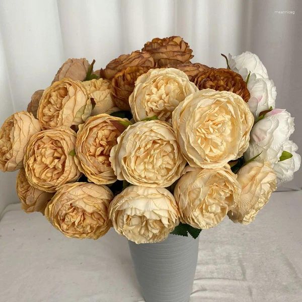 Fleurs décoratives Bouquet de soie brûlée artificielle Bouquet Fake Flower Home Living Room Decoration Simulation Rose Bouquet Rose Red Floral