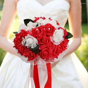 Decoratieve bloemen kunstmatige zijden boeketschuim rozen bruidskansende decoratie natuurlijke parels