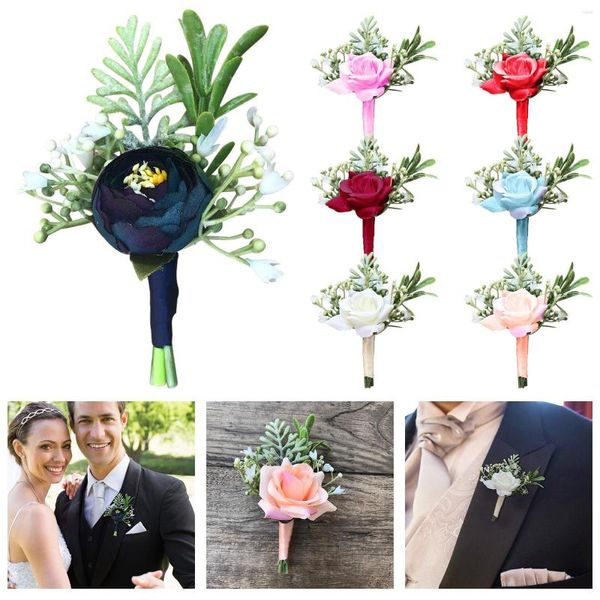 Flores decorativas Broche de seda artificial Pin Ramillete de muñeca Tela Nupcial y novio Rosa Pequeña flor antes de la decoración del banquete de boda