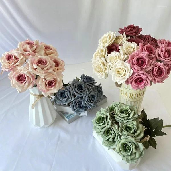 Fleurs décoratives en soie artificielle Diamond Roses Bouquet Mariage Fleuriste Fournite Party Decoration Simulation Pollen Red Rose Green Plant