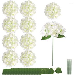 Fleurs décoratives têtes d'hortensia en soie artificielle avec feuilles jumelles et tiges pour décoration de mariage à la maison