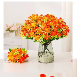 Bouquet de lys artificiels en soie, fleurs décoratives, fausse plante verte, décoration de centre commercial, Simulation florale de lys rouges Orange