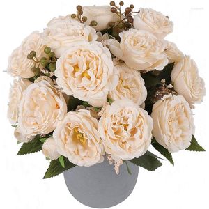 Fleurs décoratives Soie Artificielle Pivoine 5 Tête Rose Blanche Pour Table De Mariage Décoration De La Maison De Mariée Tenant Bouquet Guirlande De Noël