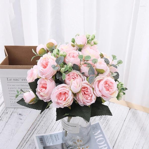 Fleurs décoratives Silk artificiel Peony Bride Bouquet Tea Rose Fake Plant For Doy Living Room Home Garden Weddnord Automne Decoration