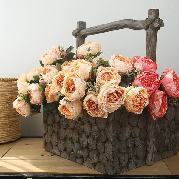 Flores decorativas Ramo de peonía de seda artificial Accesorios de pografía de boda Hogar Sala de estar Interior Escritorio Arreglo floral rosa Decoración