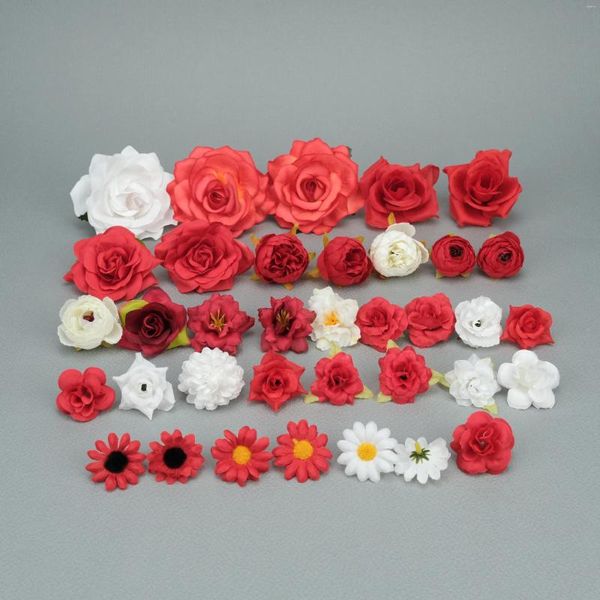 Fleurs décoratives Soie artificielle Tête de fleur rouge Combo 36 pièces / ensemble blanc pour bricolage Corsage pinces à cheveux bandeau couronne décor accessoires faux