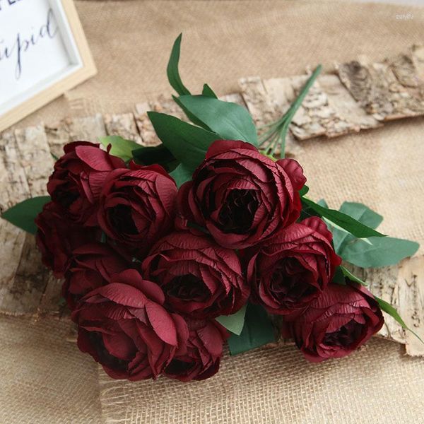 Fleurs décoratives Soie Artificielle Rose 10 Têtes Belle Faux Bouquet De Fleurs Maison Jardin Bureau Décor Bourgogne Décoration De Table De Mariage