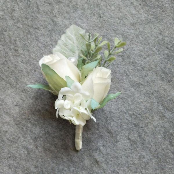 Flores decorativas Seda Artificial Rosa Marfil Rosa Flor Novio Boutonniere Hombre Ojales Ramillete Decoración para fiesta de boda