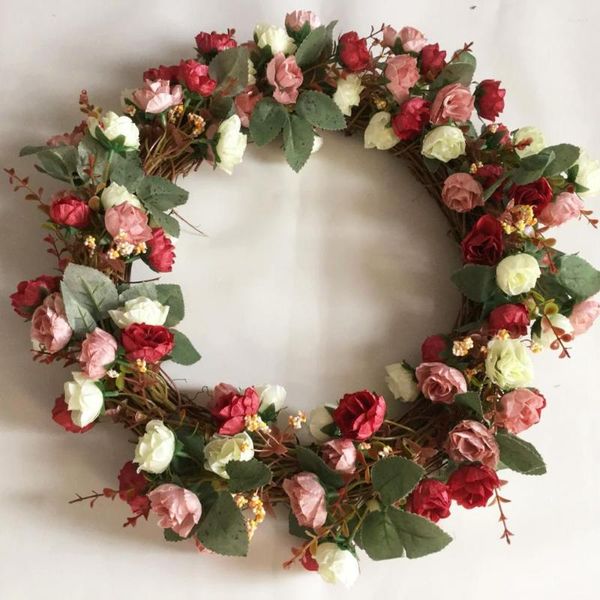 Couronne de roses artificielles en soie, fleurs décoratives, avec Base de brindille, guirlande de porte, garniture criarde, décor de fête de mariage