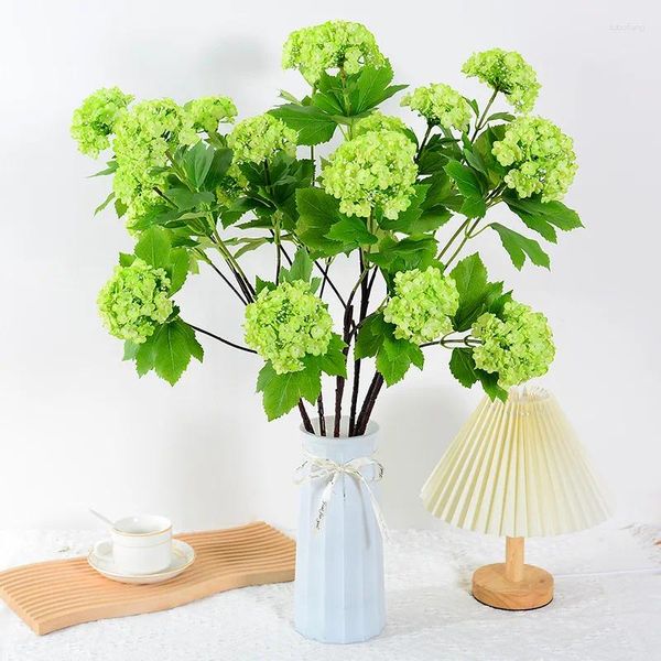 Flores decorativas artificiales de una sola rama, 3 tenedores, bola de nieve de la suerte, hortensias de madera, flor de seda, decoración del hogar para bodas