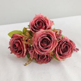Fleurs décoratives roses de tissu de flocons de neige artificiels bouquet maison décoration de chambre à coucher de plante verte fleur de la plante européenne rose blanc rose