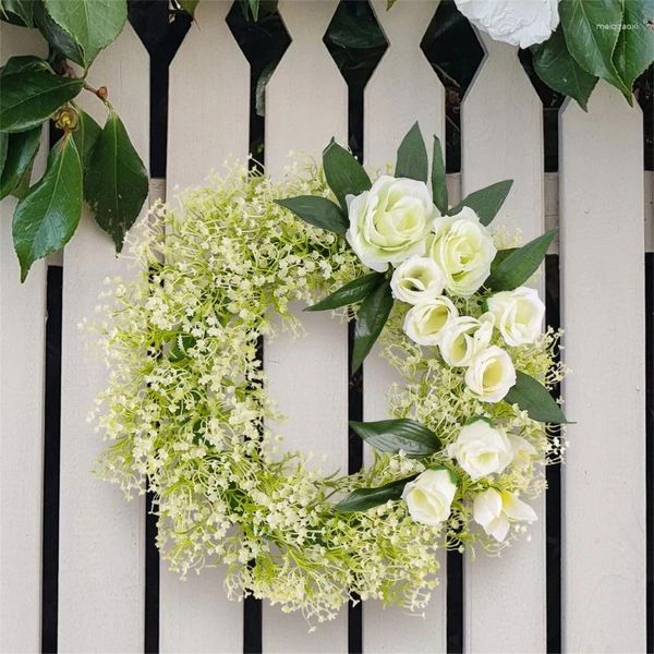 Fleurs décoratives Couronne de printemps artificielle Rose blanche pour la porte d'entrée Garderie fermier des décorations de fête de mariage en plein air