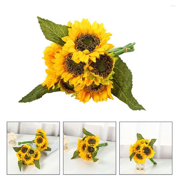 Flores decorativas Flor del sol artificial Ramo de boda Mesa de comedor de seda Paño de girasol simulado