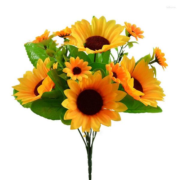 Flores decorativas Ramo de girasol artificial Flor falsa de seda DIY Ramos de boda Centros de mesa Fiesta Escritorio Decoración interior del hogar