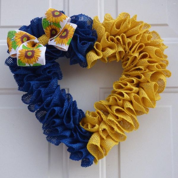 Couronne de fleurs décoratives en forme de cœur de tournesol artificiel, couleur contrastée bleu jaune, décoration de maison de vacances pour porte d'entrée