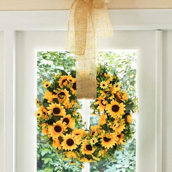 Fleurs décoratives du tournesol artificiel couronne d'été 16 pouces fausse fleur avec feuilles jaunes et vertes pour la porte d'entrée