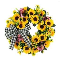 Couronne de tournesol artificielle, fleurs décoratives, pour porte d'entrée, fleur faite à la main avec nœud, petites armoires éclairées Extra larges