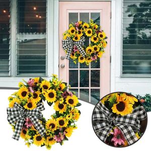 Fleurs décoratives Couronne de tournesol artificielle pour porte d'entrée Fleur à la main avec arc printemps et maison d'été patriotique