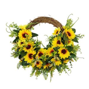 Fleurs décoratives couronne de tournesol artificielle avec des feuilles vertes pour porte d'entrée mur fenêtre fête de mariage ferme jardin décor à la maison Wrea