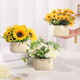 Flores decorativas, ramos de girasoles artificiales, seda simulada con tallos para decoraciones, sol de imitación amarillo pequeño en